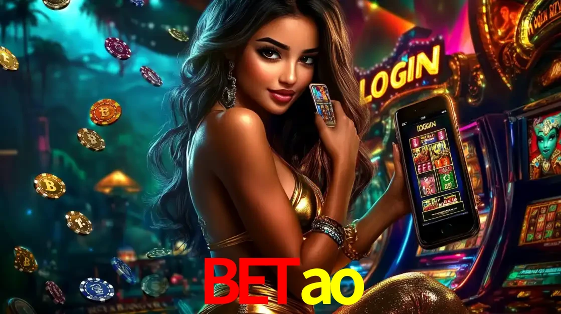 Mulher em um cenário de cassino temático de aventura, mostrando o app de caça-níqueis da betao no celular. Fichas de apostas flutuam ao redor.