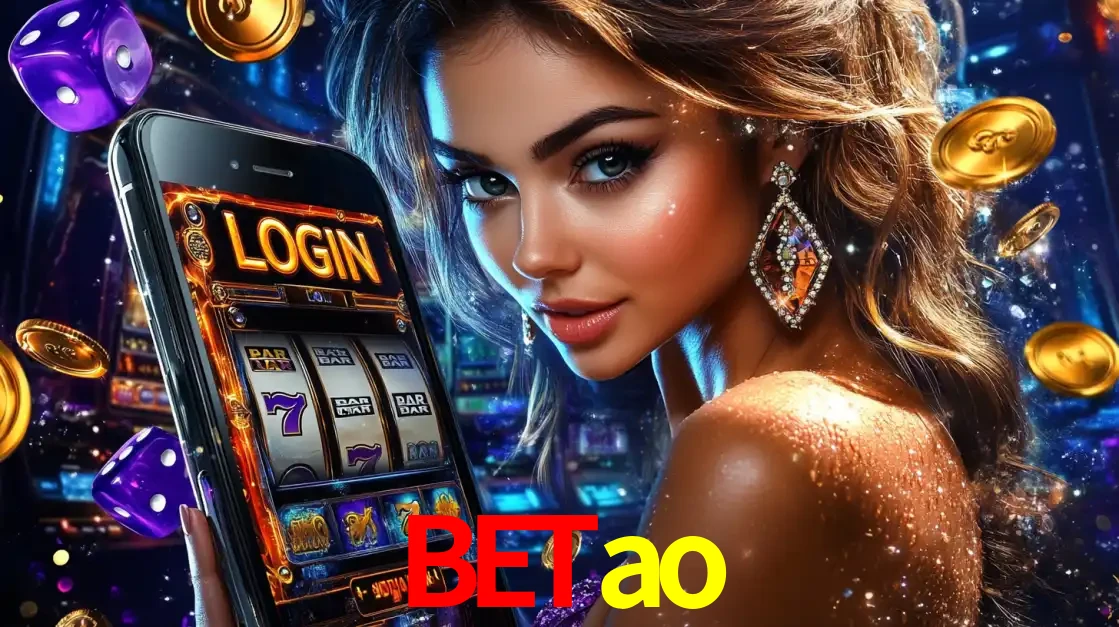 Mulher glamorosa segurando um smartphone com a tela de login para os jogos de caça-níqueis do cassino online betao, com moedas de ouro e dados ao redor.