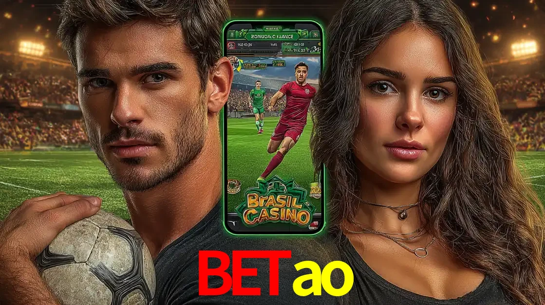 Homem segurando uma bola de futebol e uma mulher ao lado de um smartphone exibindo o jogo de apostas esportivas da betao. Faça seu palpite no cassino online.